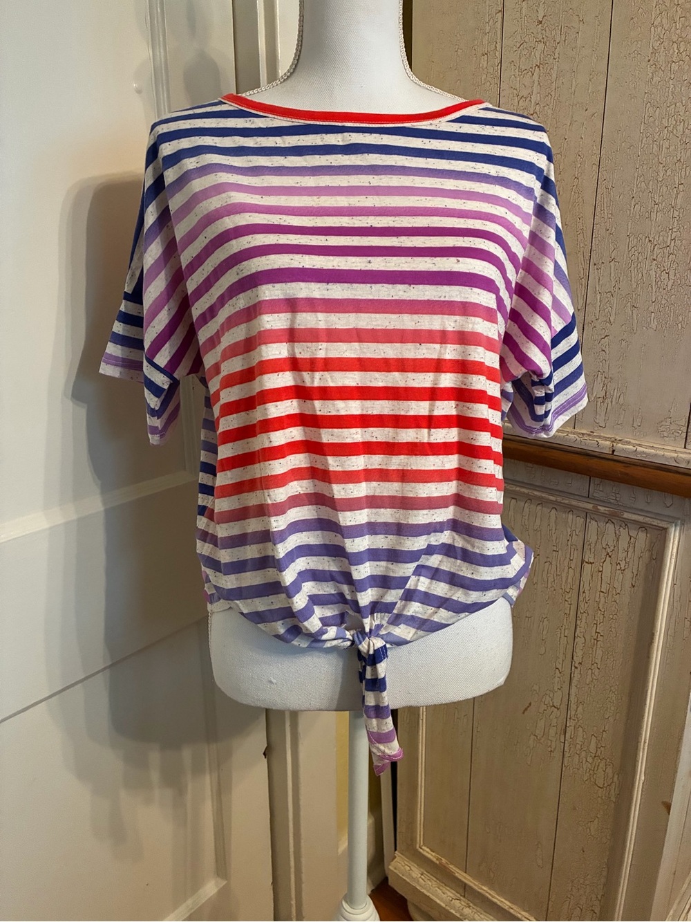 Striped Tie-Front Short Sleeve Top - Pink, Purple & Red